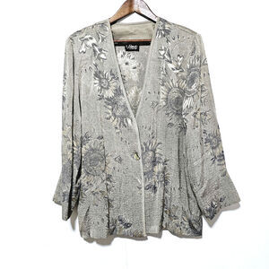 Signet Vintage Blazer Womens Size L Tan Gray Sunflowers Fairy Cottage Whimsigoth